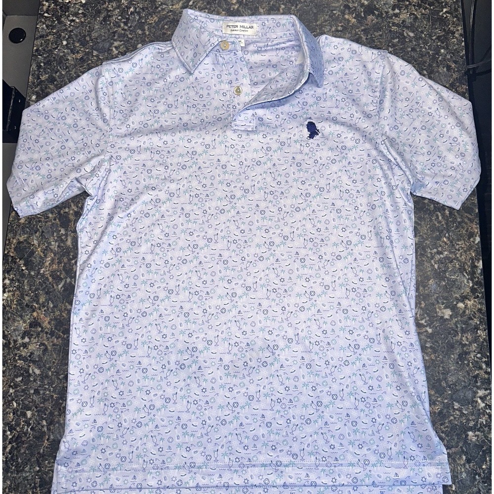 Boys Peter Millar Summer Comfort Performance Golf Printed Blue Polo Shirt M 9/10